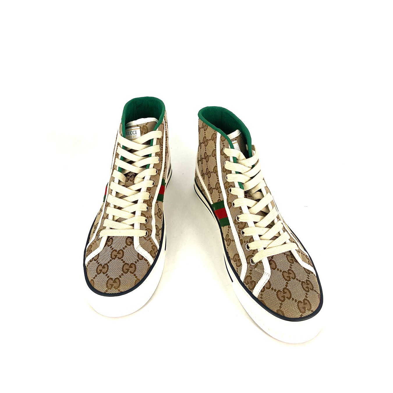Gucci High Top Sneaker Alta Tennis List Green Beige Size 5