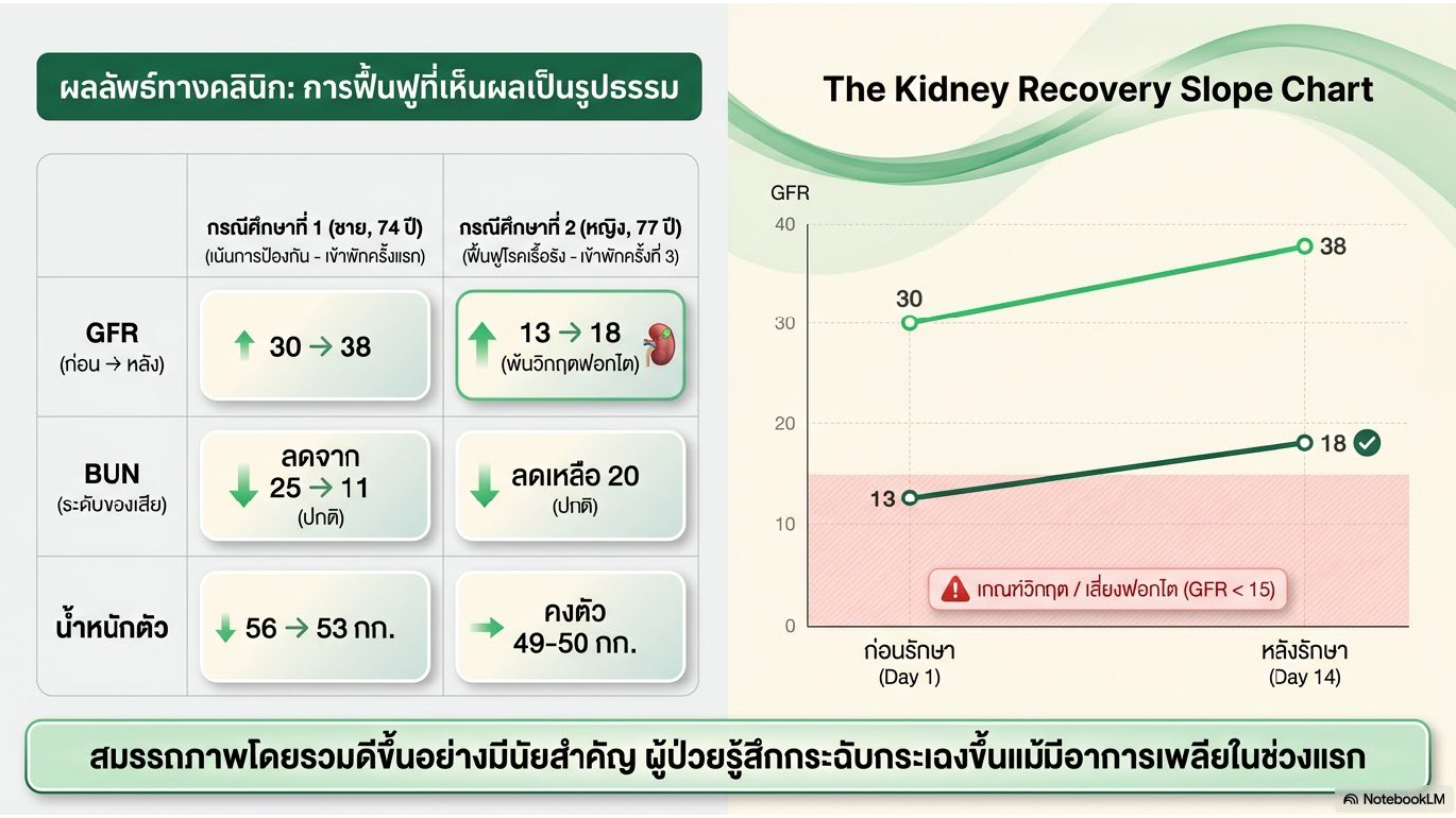 สไลด์ที่ 2: ผลลัพธ์ทางคลินิก การฟื้นฟูที่เห็นผลเป็นรูปธรรม The Kidney Recovery Slope Chart แสดงกราฟการฟื้นตัวของค่า GFR กรณีที่ 1 ชาย 74 ปี GFR เพิ่มจาก 30 เป็น 38 ค่า BUN ลดจาก 25 เป็น 11 น้ำหนักลดจาก 56 เป็น 53 กิโลกรัม กรณีที่ 2 หญิง 77 ปี GFR เพิ่มจาก 13 เป็น 18 พ้นวิกฤตฟอกไต BUN ลดเหลือ 20 น้ำหนักคงที่ 49-50 กิโลกรัม สมรรถภาพโดยรวมดีขึ้นอย่างมีนัยสำคัญ