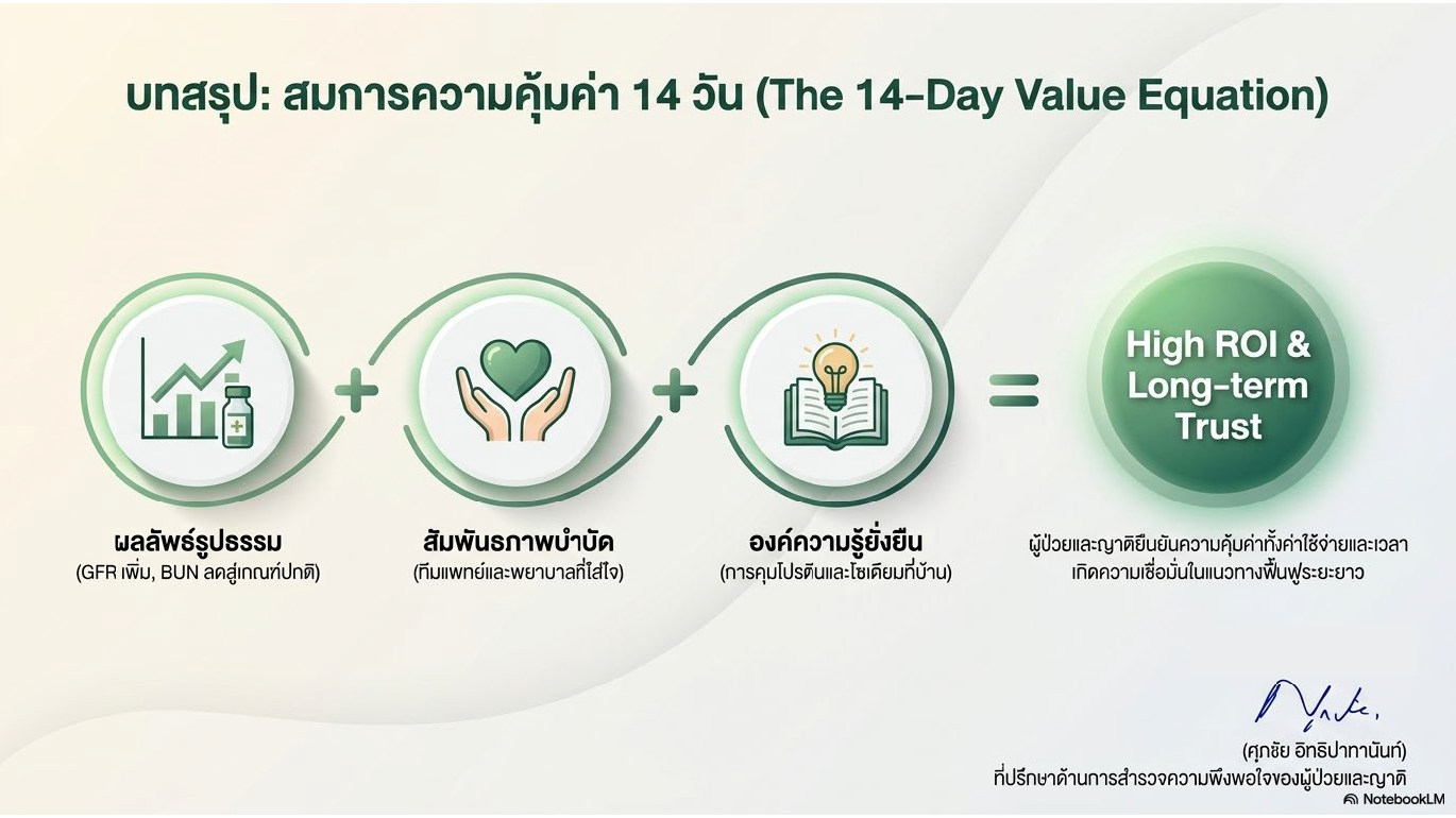 สไลด์ที่ 7: บทสรุป สมการความคุ้มค่า 14 วัน The 14-Day Value Equation แสดงสมการ ผลลัพธ์รูปธรรม GFR เพิ่ม BUN ลดสู่เกณฑ์ปกติ บวก สัมพันธภาพบำบัด ทีมแพทย์และพยาบาลที่ใส่ใจ บวก องค์ความรู้ยั่งยืน การควบคุมโปรตีนและโซเดียมที่บ้าน เท่ากับ High ROI and Long-term Trust ผู้ป่วยและญาติยืนยันความคุ้มค่าทั้งค่าใช้จ่ายและเวลา เกิดความเชื่อมั่นในแนวทางฟื้นฟูระยะยาว ลงนามโดยศุภชัย อิทธิปาทานันท์ ที่ปรึกษาด้านการสำรวจความพึงพอใจ