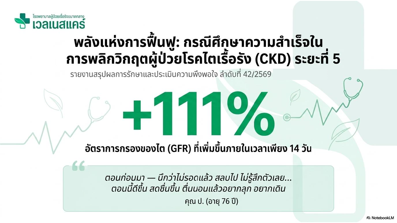 สไลด์ที่ 1: พลังแห่งการฟื้นฟู กรณีศึกษาความสำเร็จในการพลิกวิกฤตผู้ป่วยโรคไตเรื้อรัง CKD ระยะที่ 5 รายงานสรุปผลการรักษาและประเมินความพึงพอใจ ลำดับที่ 42/2569 โรงพยาบาลผู้ป่วยเรื้อรังขนาดกลาง เวลเนสแคร์ ค่า GFR เพิ่มขึ้นถึง 111 เปอร์เซ็นต์ภายในเวลาเพียง 14 วัน คำพูดจากคุณ ป. อายุ 76 ปี ตอนก่อนมานึกว่าไม่รอดแล้วสลบไปไม่รู้สึกตัวเลยตอนนี้ดีขึ้นสดชื่นขึ้นตื่นนอนแล้วอยากลุกอยากเดิน