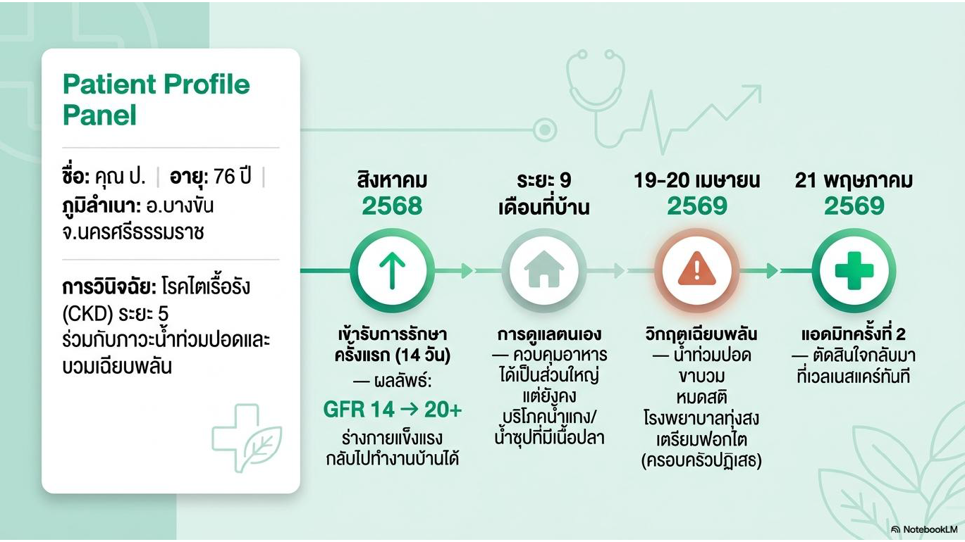 สไลด์ที่ 2: Patient Profile Panel คุณ ป. อายุ 76 ปี ภูมิลำเนา อ.บางขัน จ.นครศรีธรรมราช การวินิจฉัยโรคไตเรื้อรัง CKD ระยะ 5 ร่วมกับภาวะน้ำท่วมปอดและบวมเฉียบพลัน Timeline การรักษา สิงหาคม 2568 เข้ารับการรักษาครั้งแรก 14 วัน GFR เพิ่มจาก 14 เป็น 20 กลับไปทำงานบ้านได้ ระยะ 9 เดือนที่บ้านดูแลตนเองควบคุมอาหารได้เป็นส่วนใหญ่แต่ยังบริโภคน้ำแกงน้ำซุปปลา 19-20 เมษายน 2569 วิกฤตเฉียบพลันน้ำท่วมปอดบวมหมดสติโรงพยาบาลทุ่งสงเตรียมฟอกไตแต่ครอบครัวปฏิเสธ 21 พฤษภาคม 2569 แอดมิตครั้งที่ 2 ตัดสินใจกลับมาเวลเนสแคร์ทันที