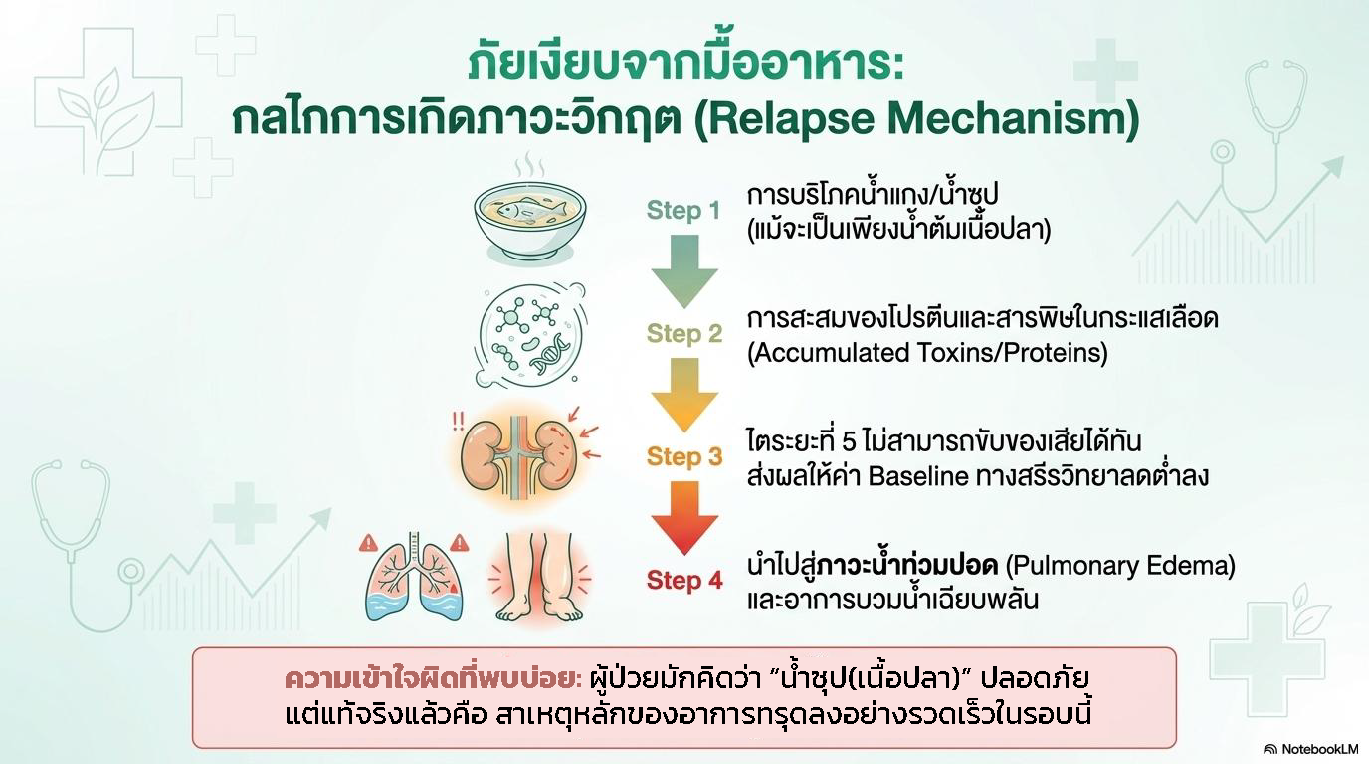 สไลด์ที่ 3: ภัยเงียบจากมื้ออาหาร กลไกการเกิดภาวะวิกฤต Relapse Mechanism แสดง 4 ขั้นตอนที่นำไปสู่วิกฤต Step 1 การบริโภคน้ำแกงน้ำซุปปลาแม้จะเป็นเพียงน้ำต้มเนื้อปลา Step 2 การสะสมของโปรตีนและสารพิษในกระแสเลือด Accumulated Toxins Proteins Step 3 ไตระยะที่ 5 ไม่สามารถขับของเสียได้ทัน ส่งผลให้ค่า Baseline ทางสรีรวิทยาลดต่ำลง Step 4 นำไปสู่ภาวะน้ำท่วมปอด Pulmonary Edema และอาการบวมน้ำเฉียบพลัน ความเข้าใจผิดที่พบบ่อยผู้ป่วยมักคิดว่าน้ำซุปเนื้อปลาปลอดภัยแต่แท้จริงคือสาเหตุหลักของอาการทรุดลงอย่างรวดเร็วในรอบนี้
