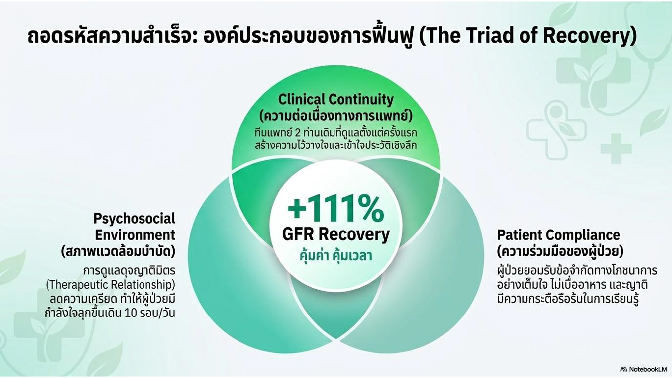 สไลด์ที่ 7: ถอดรหัสความสำเร็จ องค์ประกอบของการฟื้นฟู The Triad of Recovery แผนภาพ Venn Diagram จุดรวม +111% GFR Recovery คุ้มค่า คุ้มเวลา 3 วงกลมหลัก Clinical Continuity ความต่อเนื่องทางการแพทย์ ทีมแพทย์ 2 ท่านเดิมที่ดูแลตั้งแต่ครั้งแรก สร้างความไว้วางใจและเข้าใจประวัติเชิงลึก Psychosocial Environment สภาพแวดล้อมบำบัด การดูแลจัดเจริมิตร Therapeutic Relationship ลดความเครียดทำให้ผู้ป่วยมีกำลังใจลุกขึ้นเดิน 10 รอบต่อวัน Patient Compliance ความร่วมมือของผู้ป่วย ผู้ป่วยยอมรับข้อจำกัดทางโภชนาการอย่างเต็มใจไม่เบื่ออาหาร และญาติมีความกระตือรือร้นในการเรียนรู้