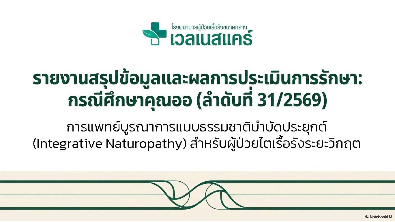 สไลด์ที่ 1: รายงานสรุปข้อมูลและผลการประเมินการรักษา กรณีศึกษาคุณออ ลำดับที่ 31/2569 การแพทย์บูรณาการแบบธรรมชาติบำบัดประยุกต์ Integrative Naturopathy สำหรับผู้ป่วยไตเรื้อรังระยะวิกฤต โรงพยาบาลเวลเนสแคร์