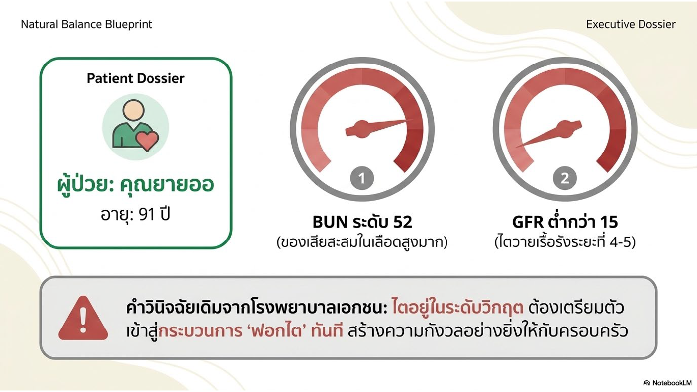 สไลด์ที่ 3: Patient Dossier คุณยายออ อายุ 91 ปี ค่า BUN ระดับ 52 ของเสียสะสมในเลือดสูงมาก GFR ต่ำกว่า 15 ไตวายเรื้อรังระยะที่ 4-5 คำวินิจฉัยเดิมจากโรงพยาบาลเอกชนให้เตรียมฟอกไตทันที สร้างความกังวลให้ครอบครัว