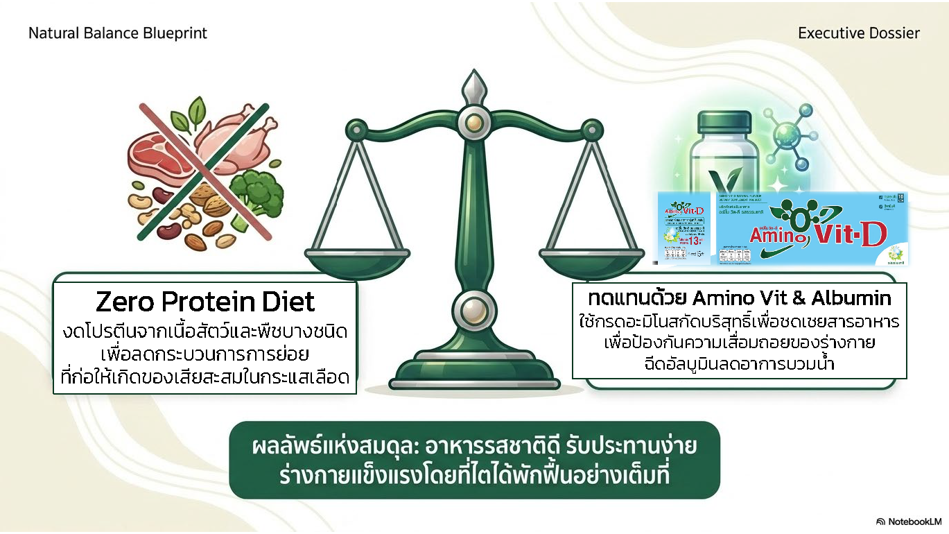 สไลด์ที่ 5: Zero Protein Diet งดโปรตีนจากเนื้อสัตว์และพืชบางชนิด ทดแทนด้วย Amino Vit และ Albumin กรดอะมิโนสกัดบริสุทธิ์ชดเชยสารอาหาร ฉีดอัลบูมินลดอาการบวมน้ำ ผลลัพธ์แห่งสมดุล อาหารรสชาติดีร่างกายแข็งแรงพักฟื้นเต็มที่