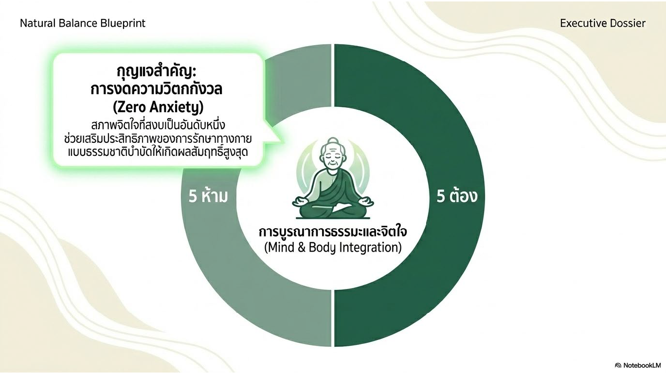 สไลด์ที่ 6: กุญแจสำคัญ การงดความวิตกกังวล Zero Anxiety สภาพจิตใจที่สงบเป็นอันดับหนึ่ง ช่วยเสริมประสิทธิภาพการรักษาทางกาย Mind and Body Integration 5 ห้าม 5 ต้อง การบูรณาการธรรมะและจิตใจ