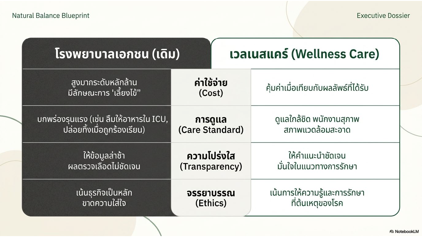 สไลด์ที่ 7: เปรียบเทียบโรงพยาบาลเอกชนเดิมกับเวลเนสแคร์ ด้านค่าใช้จ่ายสูงมีลักษณะเลี้ยงไข้ การดูแลบกพร่องรุนแรง ขาดความโปร่งใส เน้นธุรกิจ เทียบกับเวลเนสแคร์คุ้มค่า ดูแลใกล้ชิด โปร่งใส เน้นจรรยาบรรณ