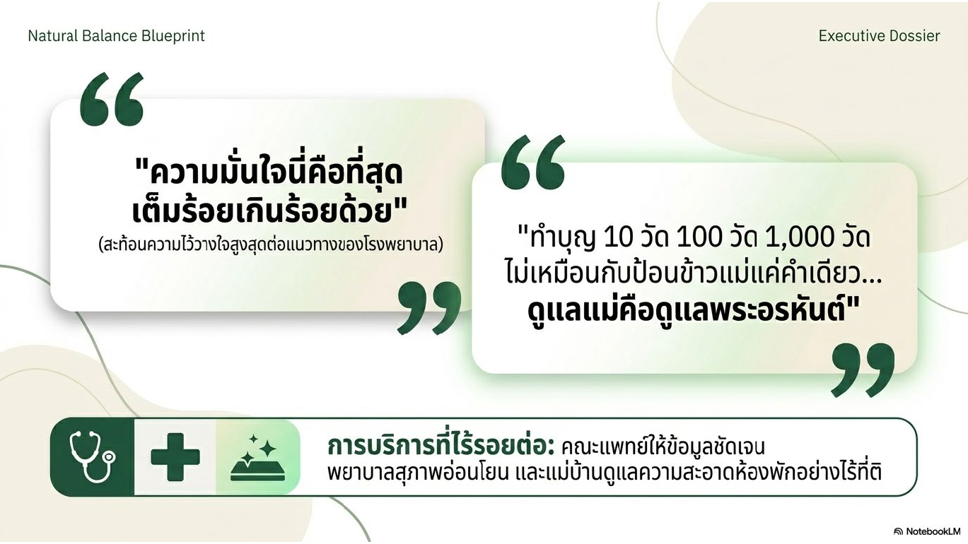สไลด์ที่ 8: ความเชื่อมั่นของครอบครัว ความมั่นใจนี้คือที่สุดเต็มร้อยเกินร้อยด้วย ทำบุญ 10 วัน 100 วัน 1000 วัด ไม่เหมือนป้อนข้าวแม่แค่คำเดียว ดูแลแม่คือดูแลพระอรหันต์ คณะแพทย์ให้ข้อมูลชัดเจน พยาบาลสุภาพอ่อนโยน ห้องพักสะอาด