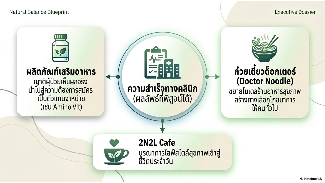 สไลด์ที่ 9: ความสำเร็จทางคลินิกสู่ Wellness Ecosystem ผลิตภัณฑ์เสริมอาหาร Amino Vit ก๋วยเตี๋ยวด็อกเตอร์ Doctor Noodle ขยายโมเดลร้านอาหารสุขภาพ 2N2L Cafe บูรณาการไลฟ์สไตล์สุขภาพเข้าสู่ชีวิตประจำวัน
