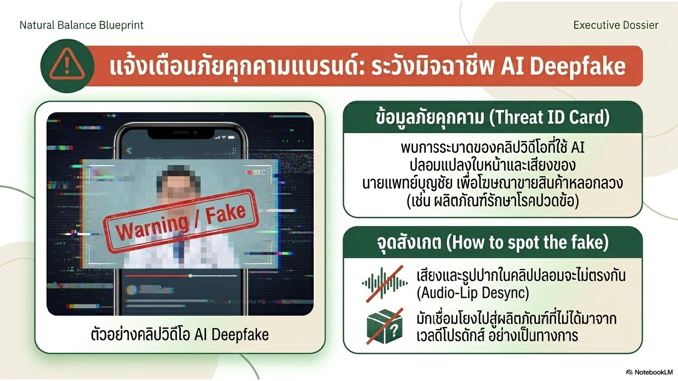 สไลด์ที่ 10: แจ้งเตือนภัยคุกคามแบรนด์ ระวังมิจฉาชีพ AI Deepfake พบการระบาดของคลิปวิดีโอที่ใช้ AI ปลอมแปลงใบหน้าและเสียงของนายแพทย์บุญชัย เพื่อโฆษณาขายสินค้าหลอกลวง จุดสังเกต Audio-Lip Desync มักเชื่อมโยงสินค้าที่ไม่ใช่ผลิตภัณฑ์ทางการ