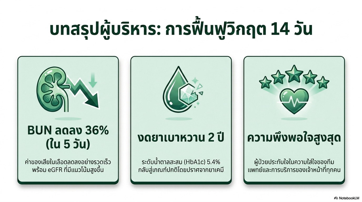 สไลด์ที่ 2: บทสรุปผู้บริหาร การฟื้นฟูวิกฤต 14 วัน ค่า BUN ลดลง 36 เปอร์เซ็นต์ในเวลา 5 วัน งดยาเบาหวานต่อเนื่อง 2 ปี ระดับน้ำตาลสะสม HbA1c 5.4 เปอร์เซ็นต์กลับสู่เกณฑ์ปกติโดยปราศจากยาเคมี ผู้ป่วยประทับใจในความใส่ใจของทีมแพทย์และการบริการของเจ้าหน้าที่ทุกคนความพึงพอใจสูงสุด
