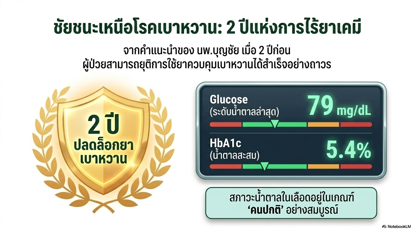 สไลด์ที่ 5: ชัยชนะเหนือโรคเบาหวาน 2 ปีแห่งการไร้ยาเคมี จากคำแนะนำของ นพ.บุญชัย เมื่อ 2 ปีก่อน ผู้ป่วยสามารถยุติการใช้ยาควบคุมเบาหวานได้สำเร็จอย่างถาวร ระดับน้ำตาล Glucose ล่าสุด 79 mg/dL ระดับน้ำตาลสะสม HbA1c 5.4 เปอร์เซ็นต์ สภาวะน้ำตาลในเลือดอยู่ในเกณฑ์คนปกติอย่างสมบูรณ์
