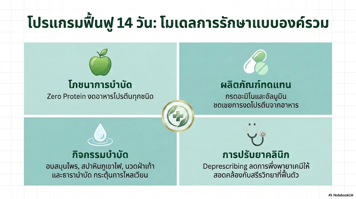 สไลด์ที่ 7: โปรแกรมฟื้นฟู 14 วัน โมเดลการรักษาแบบองค์รวม โภชนาการบำบัด Zero Protein งดอาหารโปรตีนทุกชนิด ผลิตภัณฑ์ทดแทนกรดอะมิโนและอัลบูมินชดเชยการงดโปรตีนจากอาหาร กิจกรรมบำบัดอบสมุนไพร สปาหินภูเขาไฟ นวดฝ่าเท้า และธาราบำบัดกระตุ้นการไหลเวียน การปรับยาคลินิก Deprescribing ลดการพึ่งพายาเคมีให้สอดคล้องกับสรีรวิทยาที่ฟื้นตัว