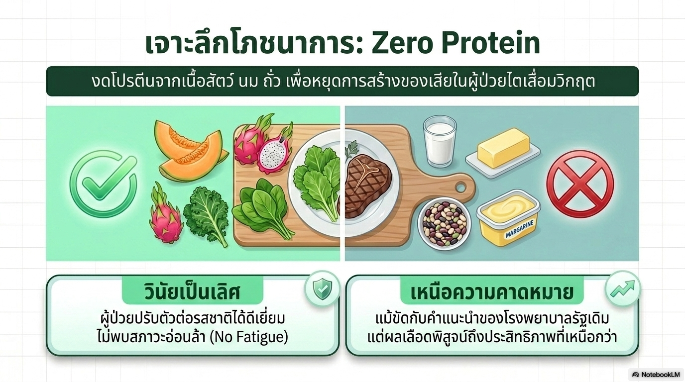 สไลด์ที่ 8: เจาะลึกโภชนาการ Zero Protein งดโปรตีนจากเนื้อสัตว์ นม ถั่ว เพื่อหยุดการสร้างของเสียในผู้ป่วยไตเสื่อมวิกฤต วินัยเป็นเลิศผู้ป่วยปรับตัวต่อรสชาติได้ดีเยี่ยมไม่พบสภาวะอ่อนล้า No Fatigue เหนือความคาดหมายแม้ขัดกับคำแนะนำของโรงพยาบาลรัฐเดิมแต่ผลเลือดพิสูจน์ถึงประสิทธิภาพที่เหนือกว่า
