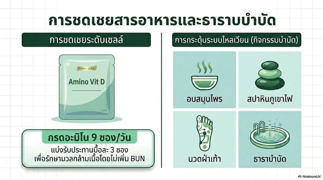 สไลด์ที่ 9: การชดเชยสารอาหารและธาราบำบัด การชดเชยระดับเซลล์ Amino Vit D กรดอะมิโน 9 ซองต่อวันแบ่งรับประทานมื้อละ 3 ซองเพื่อรักษามวลกล้ามเนื้อโดยไม่เพิ่ม BUN การกระตุ้นระบบไหลเวียนกิจกรรมบำบัด อบสมุนไพร สปาหินภูเขาไฟ นวดฝ่าเท้า และธาราบำบัด