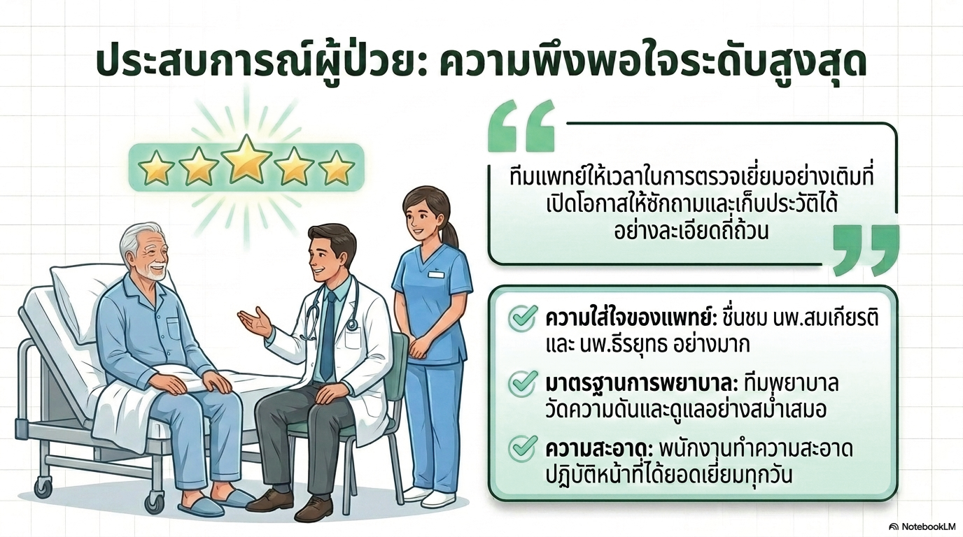 สไลด์ที่ 11: ประสบการณ์ผู้ป่วยความพึงพอใจระดับสูงสุด ทีมแพทย์ให้เวลาในการตรวจเยี่ยมอย่างเต็มที่เปิดโอกาสให้ซักถามและเก็บประวัติได้อย่างละเอียดถี่ถ้วน ความใส่ใจของแพทย์ชื่นชม นพ.สมเกียรติและ นพ.ธีรยุทธ อย่างมาก มาตรฐานการพยาบาลทีมพยาบาลวัดความดันและดูแลอย่างสม่ำเสมอ ความสะอาดพนักงานทำความสะอาดปฏิบัติหน้าที่ได้ยอดเยี่ยมทุกวัน