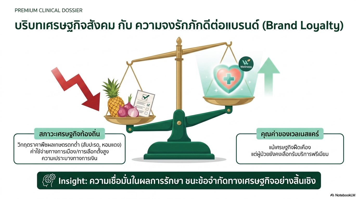 สไลด์ที่ 12: Premium Clinical Dossier บริบทเศรษฐกิจสังคมกับความจงรักภักดีต่อแบรนด์ Brand Loyalty สภาวะเศรษฐกิจท้องถิ่นวิกฤตราคาพืชผลเกษตรตกต่ำ สับปะรด หอมแดง ค่าใช้จ่ายทางการเมืองการเลือกตั้งสูง ความเปราะบางทางการเงิน คุณค่าของเวลเนสแคร์แม้เศรษฐกิจฝืดเคืองแต่ผู้ป่วยยังคงเลือกรับบริการพรีเมียม Insight ความเชื่อมั่นในผลการรักษาชนะข้อจำกัดทางเศรษฐกิจอย่างสิ้นเชิง