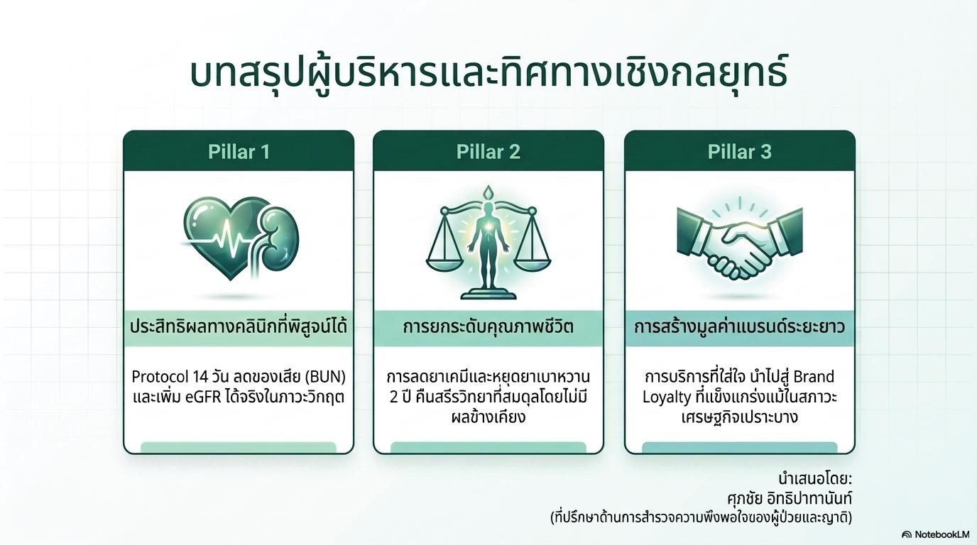 สไลด์ที่ 13: บทสรุปผู้บริหารและทิศทางเชิงกลยุทธ์ Pillar 1 ประสิทธิผลทางคลินิกที่พิสูจน์ได้ Protocol 14 วันลดของเสีย BUN และเพิ่ม eGFR ได้จริงในภาวะวิกฤต Pillar 2 การยกระดับคุณภาพชีวิตการลดยาเคมีและหยุดยาเบาหวาน 2 ปีคืนสรีรวิทยาที่สมดุลโดยไม่มีผลข้างเคียง Pillar 3 การสร้างมูลค่าแบรนด์ระยะยาวการบริการที่ใส่ใจนำไปสู่ Brand Loyalty ที่แข็งแกร่งแม้ในสภาวะเศรษฐกิจเปราะบาง นำเสนอโดยศุภชัย อิทธิปาทานันท์ ที่ปรึกษาด้านการสำรวจความพึงพอใจของผู้ป่วยและญาติ
