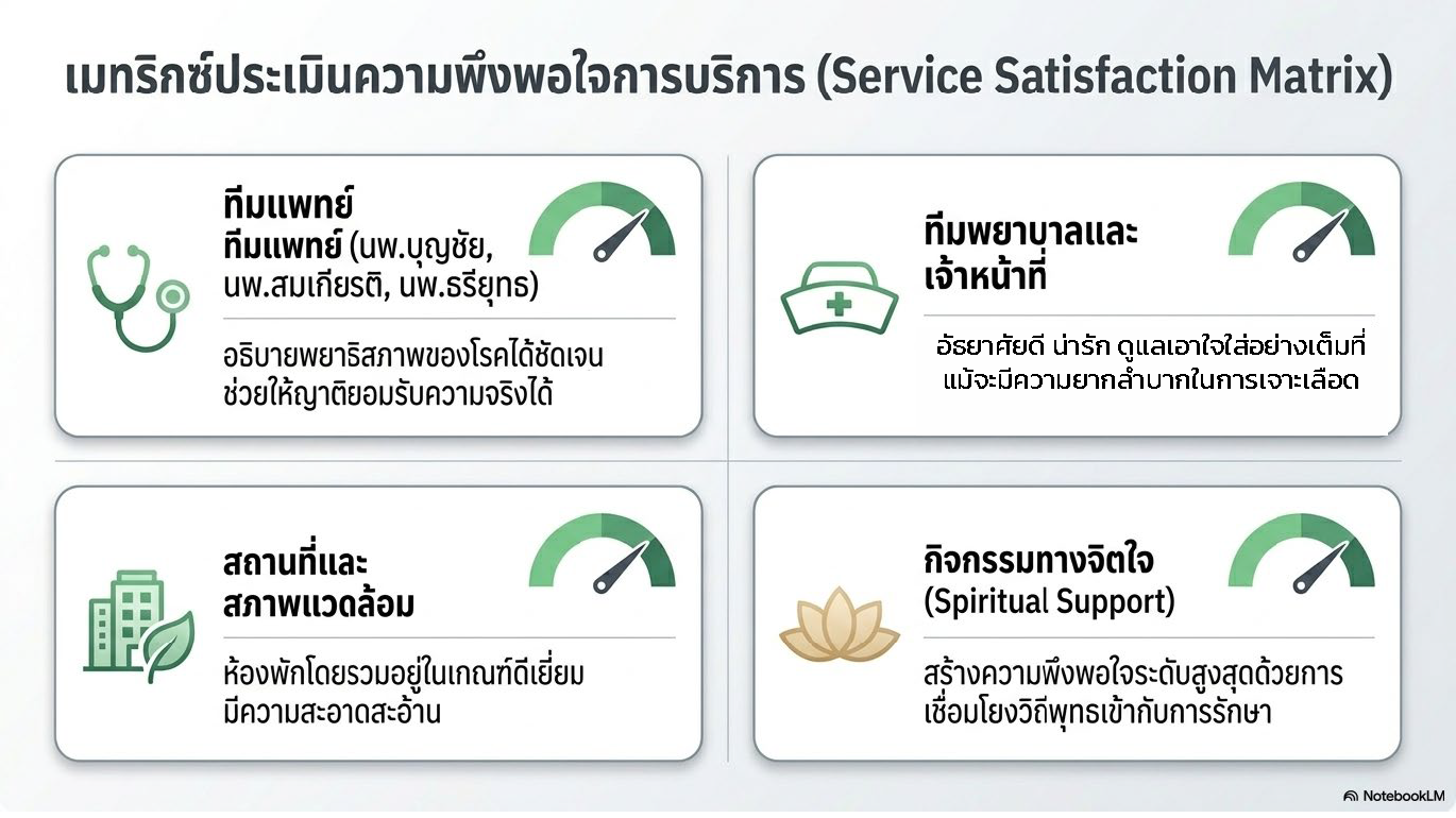 สไลด์ที่ 7: เมทริกส์ประเมินความพึงพอใจการบริการ Service Satisfaction Matrix ประกอบด้วย 4 ด้าน ทีมแพทย์ นพ.บุญชัย นพ.สมเกียรติ นพ.ธรียุทธ อธิบายพยาธิสภาพของโรคได้ชัดเจนช่วยให้ญาติยอมรับความจริงได้ ทีมพยาบาลและเจ้าหน้าที่ อัธยาศัยดีน่ารักดูแลเอาใจใส่อย่างเต็มที่แม้จะมีความยากลำบากในการเจาะเลือด สถานที่และสภาพแวดล้อม ห้องพักโดยรวมอยู่ในเกณฑ์ดีเยี่ยมมีความสะอาดสะอ้าน กิจกรรมทางจิตใจ Spiritual Support สร้างความพึงพอใจระดับสูงสุดด้วยการเชื่อมโยงวิถีพุทธเข้ากับการรักษา