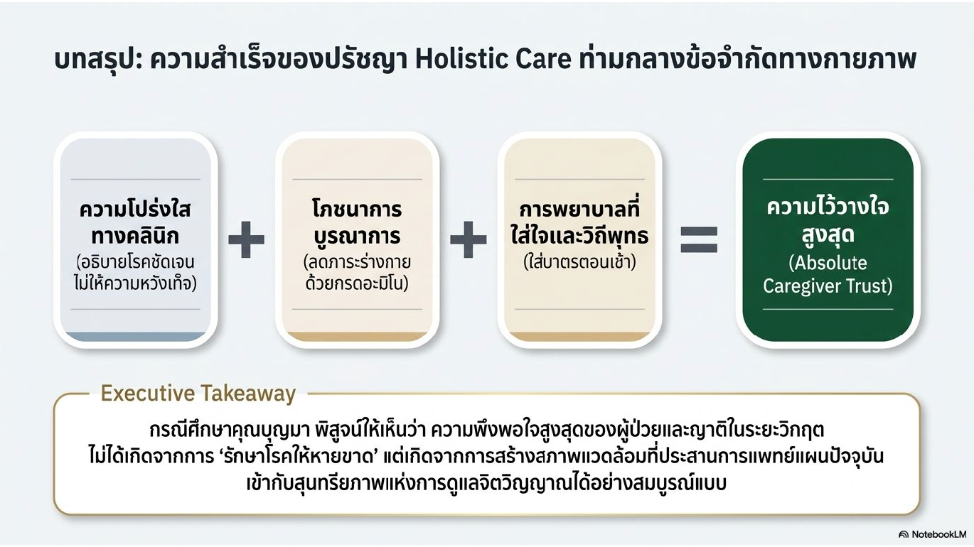 สไลด์ที่ 10: บทสรุป ความสำเร็จของปรัชญา Holistic Care ท่ามกลางข้อจำกัดทางกายภาพ สมการ ความโปร่งใสทางคลินิก อธิบายโรคชัดเจนไม่ให้ความหวังเกิน บวก โภชนาการบูรณาการ ลดภาระร่างกายด้วยกรดอะมิโน บวก การพยาบาลที่ใส่ใจและวิถีพุทธ ใส่บาตรตอนเช้า เท่ากับ ความไว้วางใจสูงสุด Absolute Caregiver Trust Executive Takeaway กรณีศึกษาคุณบุญมาพิสูจน์ให้เห็นว่าความพึงพอใจสูงสุดของผู้ป่วยและญาติในระยะวิกฤตไม่ได้เกิดจากการรักษาโรคให้หายขาด แต่เกิดจากการสร้างสภาพแวดล้อมที่ประสานการแพทย์แผนปัจจุบันเข้ากับสุนทรียภาพแห่งการดูแลจิตวิญญาณได้อย่างสมบูรณ์แบบ