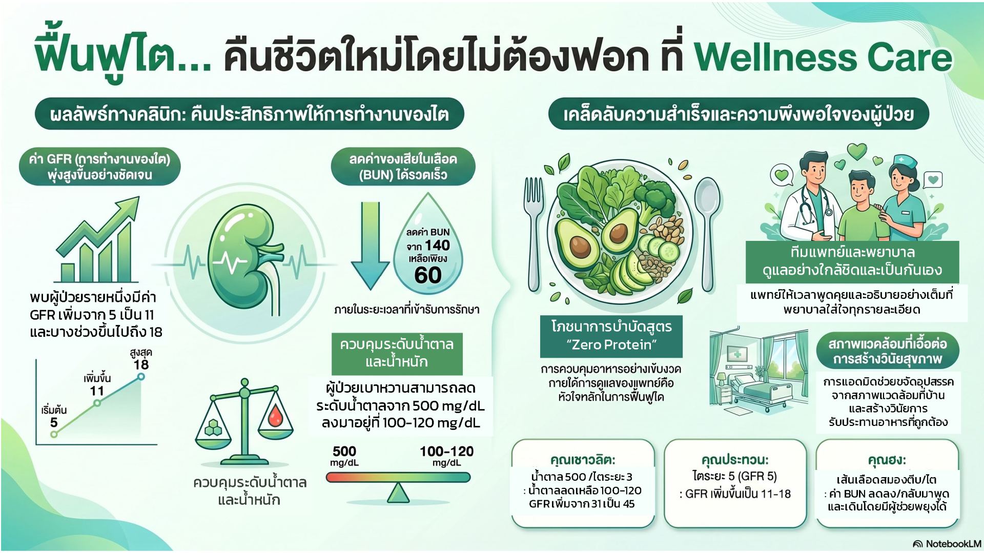 อินโฟกราฟิกสรุปผลการรักษาผู้ป่วยโรคไตเรื้อรังลำดับที่ 32-37 โรงพยาบาลเวลเนสแคร์ แสดงผลลัพธ์ทางคลินิก ค่า GFR เพิ่มจาก 5 เป็น 11-18 ค่า BUN ลดจาก 140 เหลือ 60 และน้ำตาลในเลือดลดจาก 500 เป็น 100-120 mg/dL ด้วยโปรโตคอล Zero Protein ภายใต้การดูแลของทีมแพทย์เวลเนสแคร์