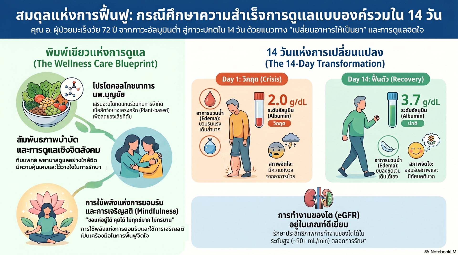 อินโฟกราฟิกสมดุลแห่งการฟื้นฟู กรณีศึกษาความสำเร็จการดูแลแบบองค์รวมใน 14 วัน โรงพยาบาลเวลเนสแคร์ แสดงพิมพ์เขียวแห่งการดูแล The Wellness Care Blueprint ประกอบด้วยโปรโตคอลโภชนาการ นพ.บุญชัย เสริมอะมิโนทดแทนร่วมกับ Plant-based สัมพันธภาพบำบัดและการดูแลเชิงจิตสังคม การใช้พลังแห่งการยอมรับและการเจริญสติ Mindfulness และ 14 วันแห่งการเปลี่ยนแปลง แสดงผลลัพธ์ผู้ป่วยคุณ อ. อัลบูมินเพิ่มจาก 2.0 เป็น 3.7 g/dL อาการบวมน้ำยุบลงเดินได้เอง eGFR อยู่ในเกณฑ์ดีเยี่ยม 90 mL/min ตลอดการรักษา