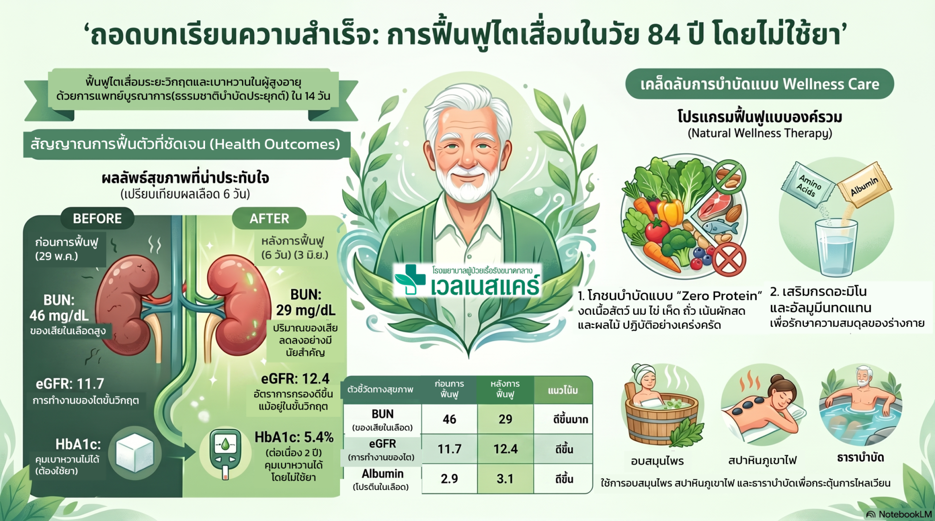 อินโฟกราฟิกสรุปผลการรักษาคุณ ส. อายุ 84 ปี โรคไตเรื้อรังระยะ CKD ร่วมกับเบาหวานและภาวะโปรตีนในเลือดต่ำ โรงพยาบาลเวลเนสแคร์ แสดงผลลัพธ์ก่อนและหลังการรักษา 14 วัน ค่า GFR พุ่งสูงขึ้น 111 เปอร์เซ็นต์ ค่าของเสียในเลือด BUN ลดลงเหลือ 49.0 mg/dL ระดับ Albumin 3.3 g/dL อยู่ในเกณฑ์ปกติ โปรแกรมโภชนบำบัดซีโร่โปรตีนพร้อม AminoVit 8 ซองต่อวัน ฟื้นฟูภายภาพเดินได้ 10 รอบต่อวัน จากภาวะวิกฤตสู่การกลับมาแข็งแรงอีกครั้ง
