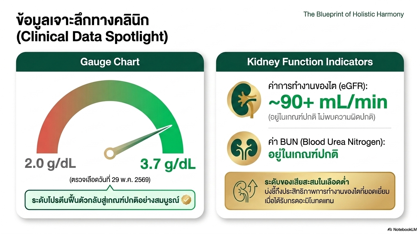 สไลด์ที่ 5: ข้อมูลเจาะลึกทางคลินิก Clinical Data Spotlight The Blueprint of Holistic Harmony แสดง Gauge Chart ระดับอัลบูมินเพิ่มจาก 2.0 g/dL โซนแดงอันตราย เป็น 3.7 g/dL โซนปกติ ตรวจเลือดวันที่ 29 พ.ค. 2569 ระดับโปรตีนฟื้นตัวกลับสู่เกณฑ์ปกติอย่างสมบูรณ์ ด้าน Kidney Function Indicators ค่าการทำงานของไต eGFR ประมาณ 90 mL/min อยู่ในเกณฑ์ปกติไม่พบความผิดปกติ ค่า BUN Blood Urea Nitrogen อยู่ในเกณฑ์ปกติ ระดับของเสียสะสมในเลือดต่ำบ่งชี้ถึงประสิทธิภาพการทำงานของไตที่ยอดเยี่ยมเมื่อได้รับกรดอะมิโนทดแทน