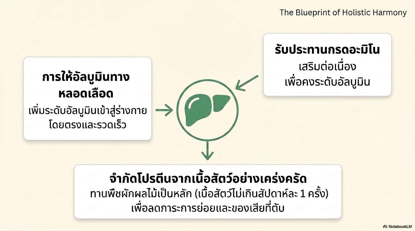 สไลด์ที่ 6: โปรโตคอลโภชนาการสามเส้า The Blueprint of Holistic Harmony แผนภาพแสดงกลยุทธ์โภชนาการสามด้านรอบอวัยวะตับ การให้อัลบูมินทางหลอดเลือดเพิ่มระดับอัลบูมินเข้าสู่ร่างกายโดยตรงและรวดเร็ว การรับประทานกรดอะมิโนเสริมต่อเนื่องเพื่อคงระดับอัลบูมิน และการจำกัดโปรตีนจากเนื้อสัตว์อย่างเคร่งครัดทานพืชผักผลไม้เป็นหลัก เนื้อสัตว์ไม่เกินสัปดาห์ละ 1 ครั้ง เพื่อลดภาระการย่อยและของเสียที่ตับ