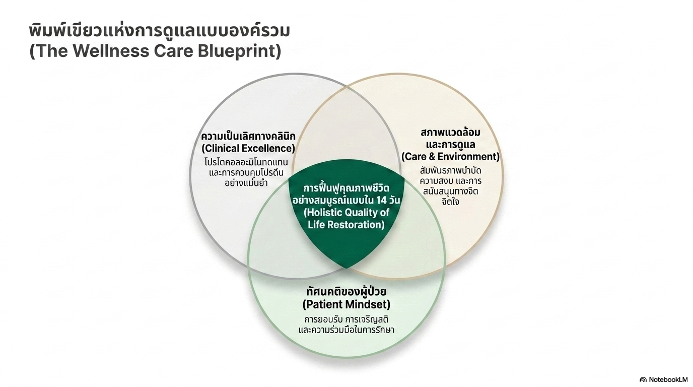 สไลด์ที่ 10: พิมพ์เขียวแห่งการดูแลแบบองค์รวม The Wellness Care Blueprint แผนภาพ Venn Diagram แสดงจุดบรรจบของ 3 วงกลม ความเป็นเลิศทางคลินิก Clinical Excellence โปรโตคอลอะมิโนทดแทนและการควบคุมโปรตีนอย่างแม่นยำ สภาพแวดล้อมและการดูแล Care and Environment สัมพันธภาพบำบัด ความสงบ และการสนับสนุนทางจิตจิตใจ ทัศนคติของผู้ป่วย Patient Mindset การยอมรับ การเจริญสติ และความร่วมมือในการรักษา จุดรวมกลาง การฟื้นฟูคุณภาพชีวิตอย่างสมบูรณ์แบบใน 14 วัน Holistic Quality of Life Restoration