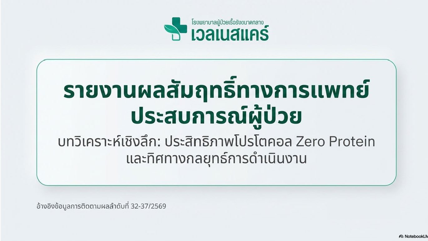 สไลด์ที่ 1: รายงานผลสัมฤทธิ์ทางการแพทย์และประสบการณ์ผู้ป่วย บทวิเคราะห์เชิงลึก ประสิทธิภาพโปรโตคอล Zero Protein และทิศทางกลยุทธ์การดำเนินงาน โรงพยาบาลผู้ป่วยเรื้อรังขนาดกลาง เวลเนสแคร์ อ้างอิงข้อมูลการติดตามผลลำดับที่ 32-37/2569