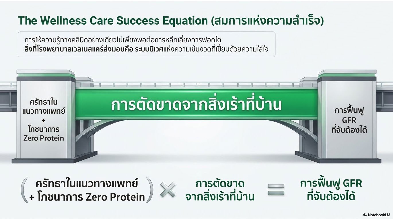 สไลด์ที่ 8: The Wellness Care Success Equation สมการแห่งความสำเร็จ แสดงสมการ ศรัทธาในแนวทางแพทย์บวกโภชนาการ Zero Protein คูณด้วยการตัดขาดจากสิ่งเร้าที่บ้าน เท่ากับการฟื้นฟู GFR ที่จับต้องได้ การให้ความรู้ทางคลินิกอย่างเดียวไม่เพียงพอต่อการหลีกเลี่ยงการฟอกไต สิ่งที่โรงพยาบาลเวลเนสแคร์ส่งมอบคือระบบนิเวศแห่งความเข้มงวดที่เปี่ยมด้วยความใส่ใจ