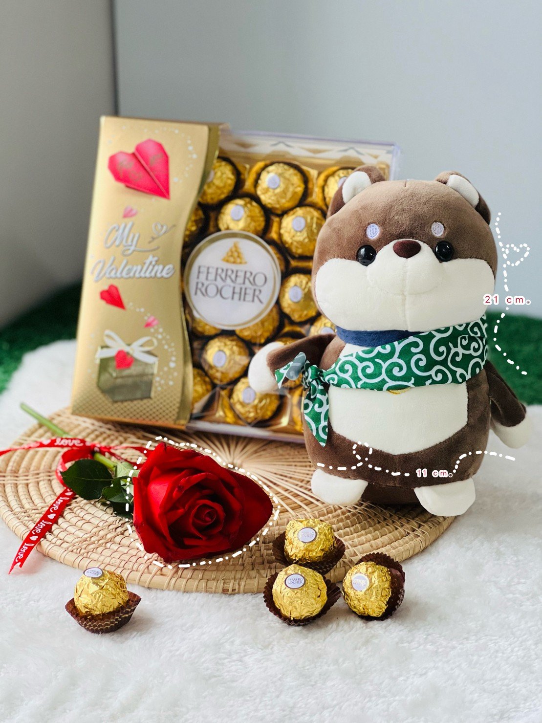 LOVE002 ดอกกุหลาบ1ดอก+ตุ๊กตาหมาน้อยชิบะ+ช็อคโกแลตเฟอเรโร่