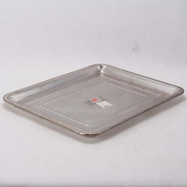 Stainless steel square tray with holes 45x35x2 cm.