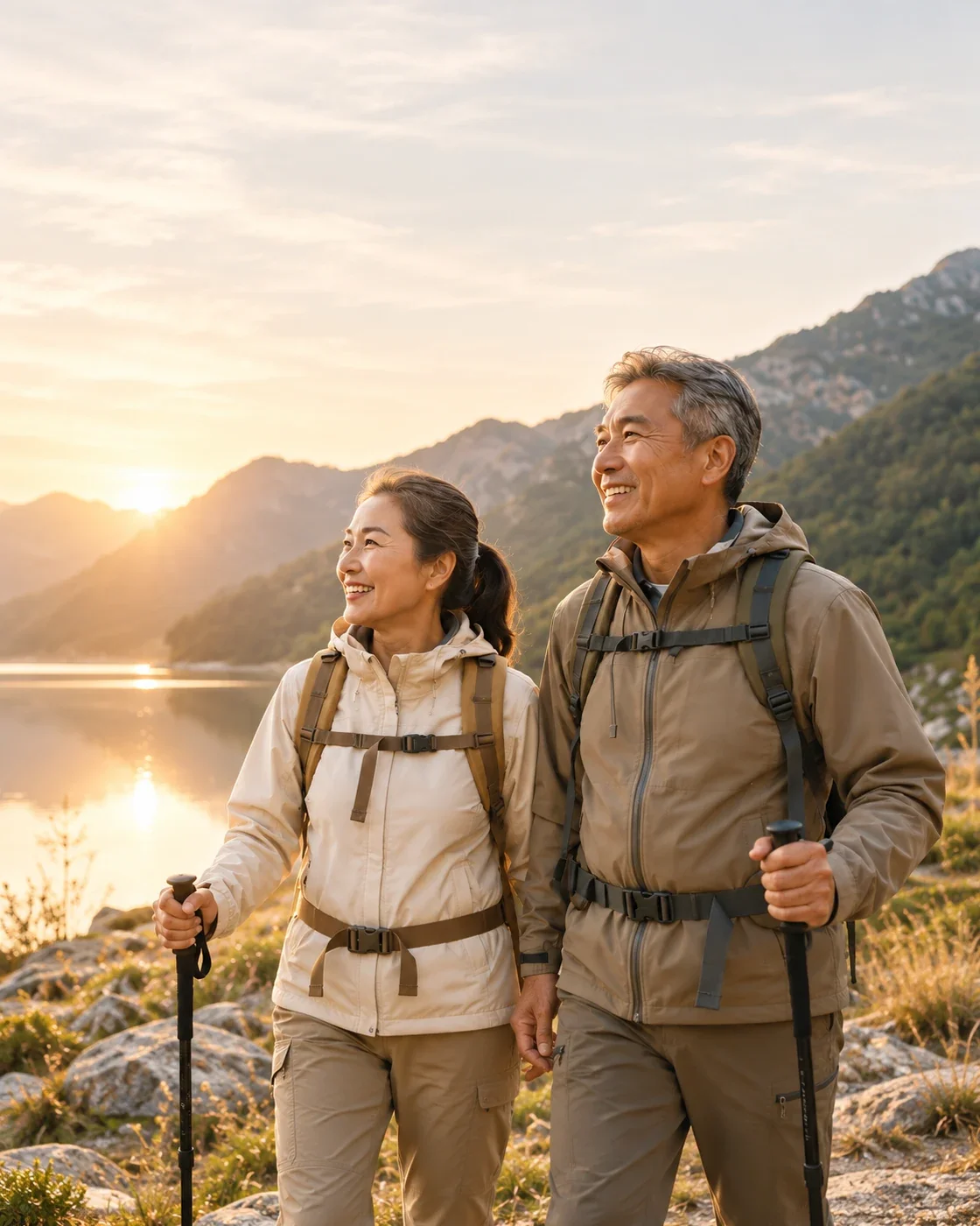 ภาพประกอบแนวคิด Wellness คู่ผู้ใหญ่เดินป่าริมทะเลสาบในแสงเช้า