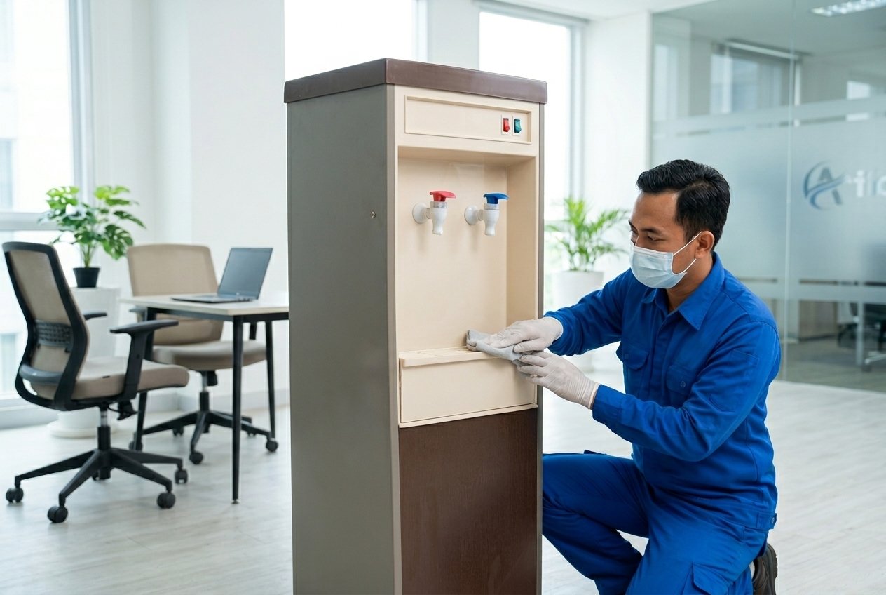 Teknisi profesional membersihkan dan merawat dispenser classic di kantor — layanan sanitasi dispenser PT Baja Putih