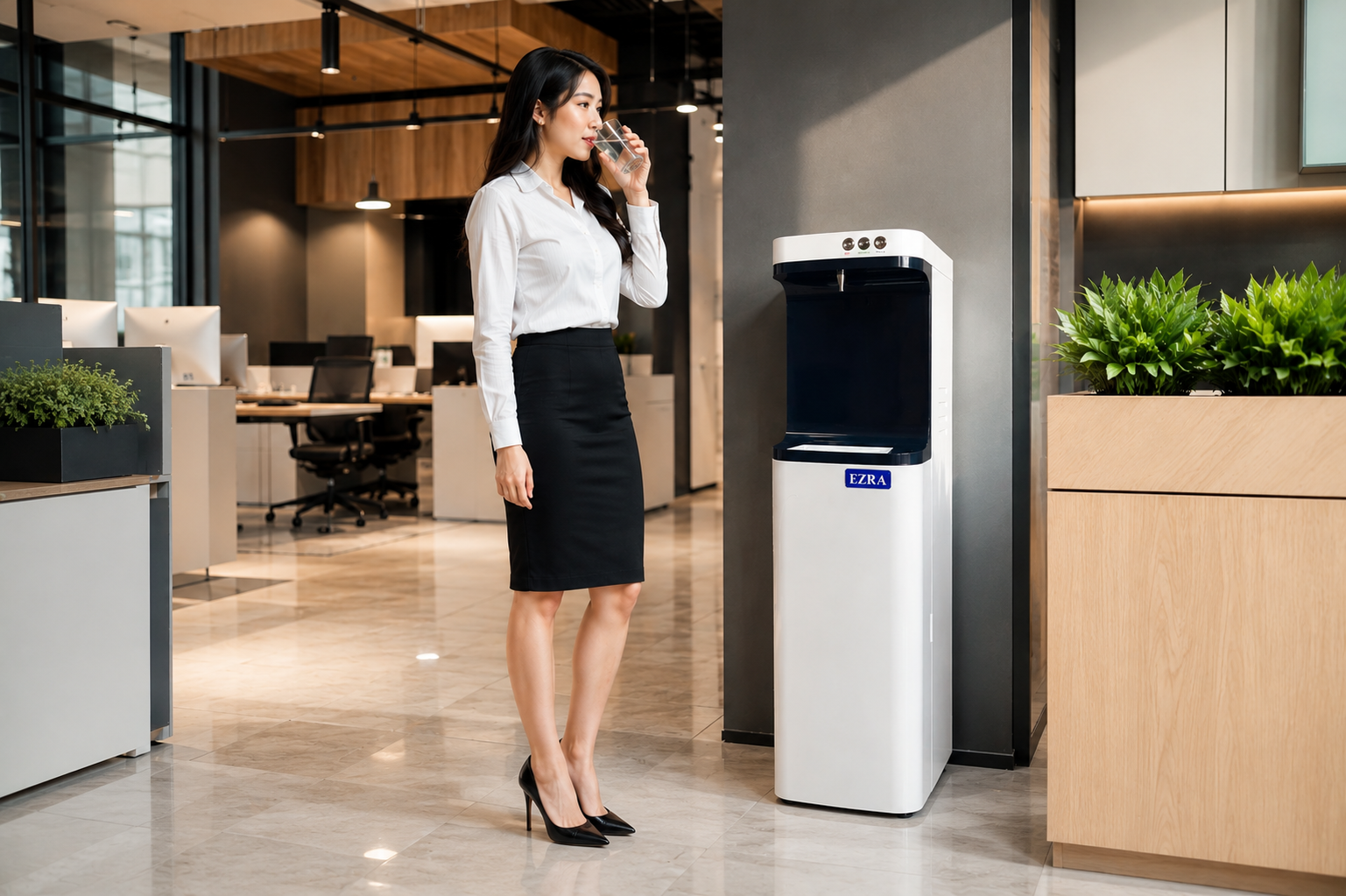 Karyawati kantor minum air putih di samping dispenser galon bawah PT Baja Putih