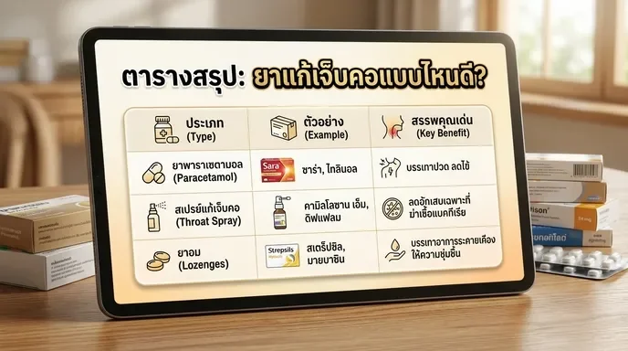 ตารางสรุป: วิธีเลือกยาแก้เจ็บคอให้เหมาะกับอาการ
