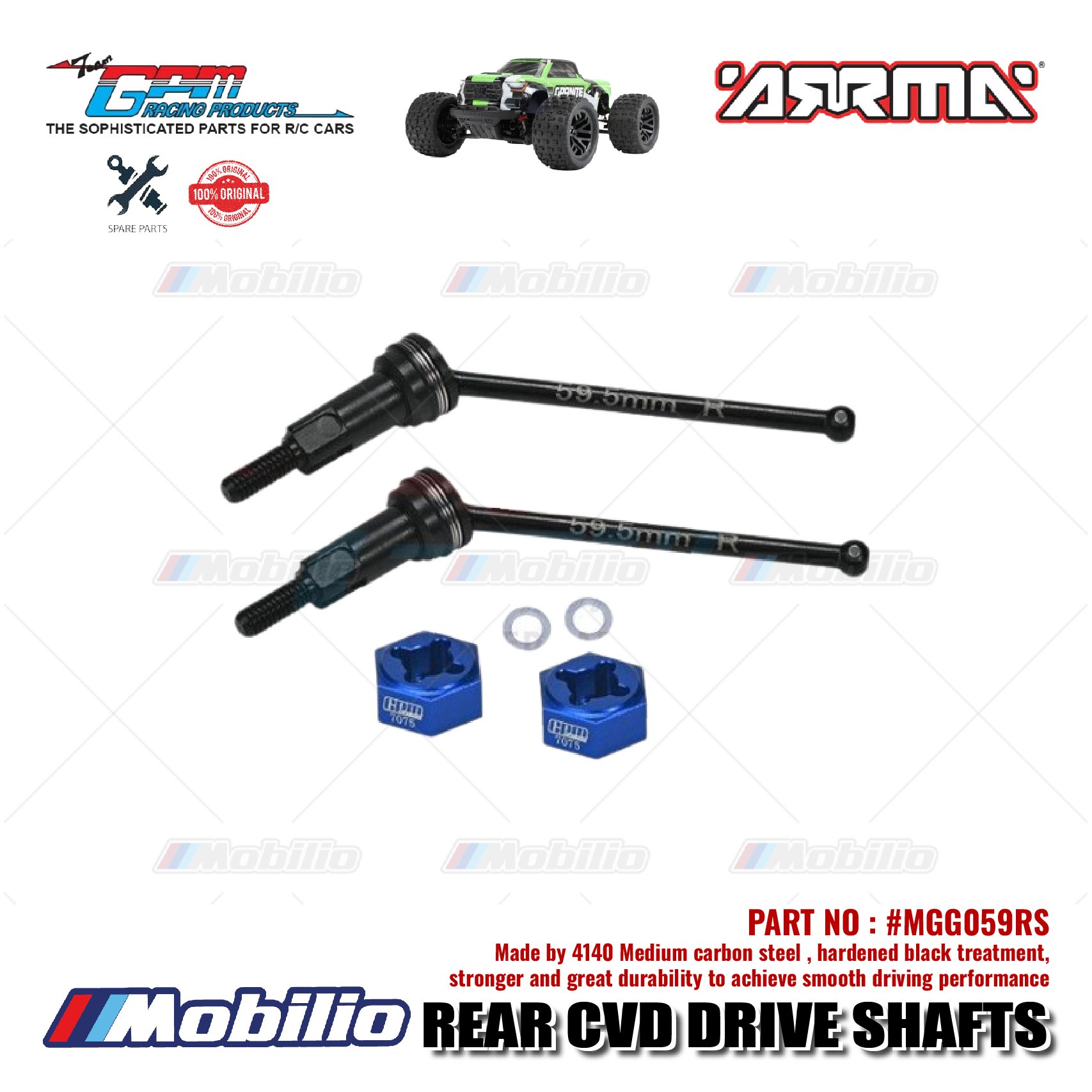 GPM Part #MGG059RS Medium Carbon Steel Rear CVD Drive Shafts with Wheel Hex RC Arrma Granite Typhon Grom Mega