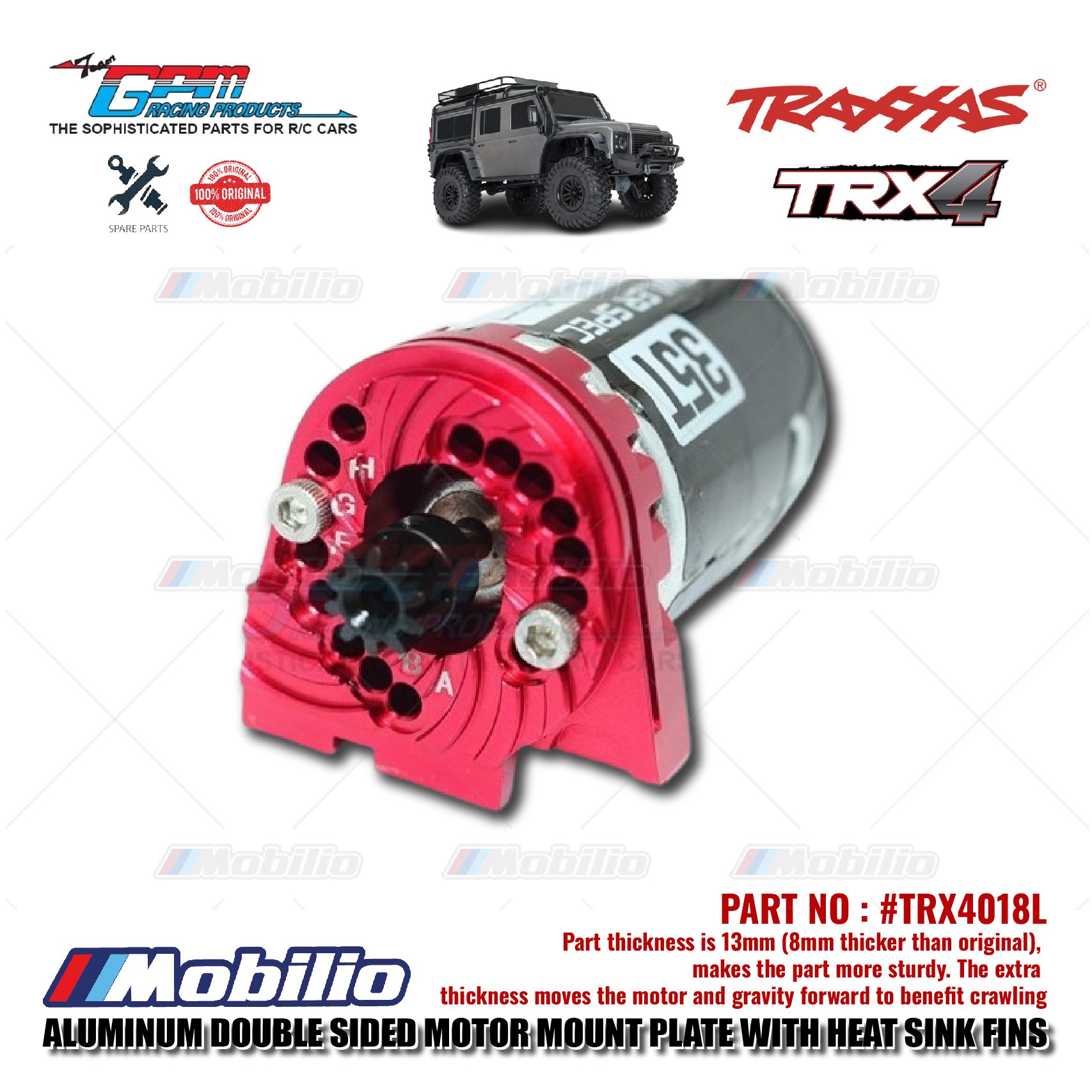GPM Part #TRX4018L Aluminum Double Sided Motor Mount Plate with Heat Sink Fins Traxxas TRX-4 TRX-6 Trail Crawler