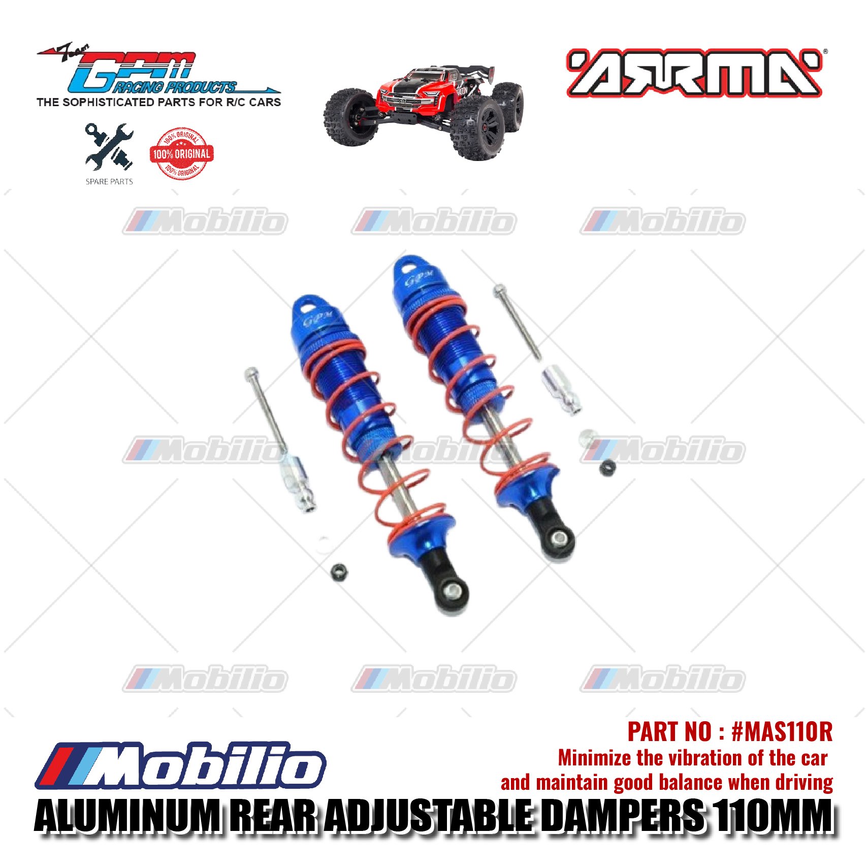 GPM Part #MAS110R Aluminum Rear Adjustable Dampers 110mm RC Upgrade Arrma 6S Kraton Tailon Typhon Senton