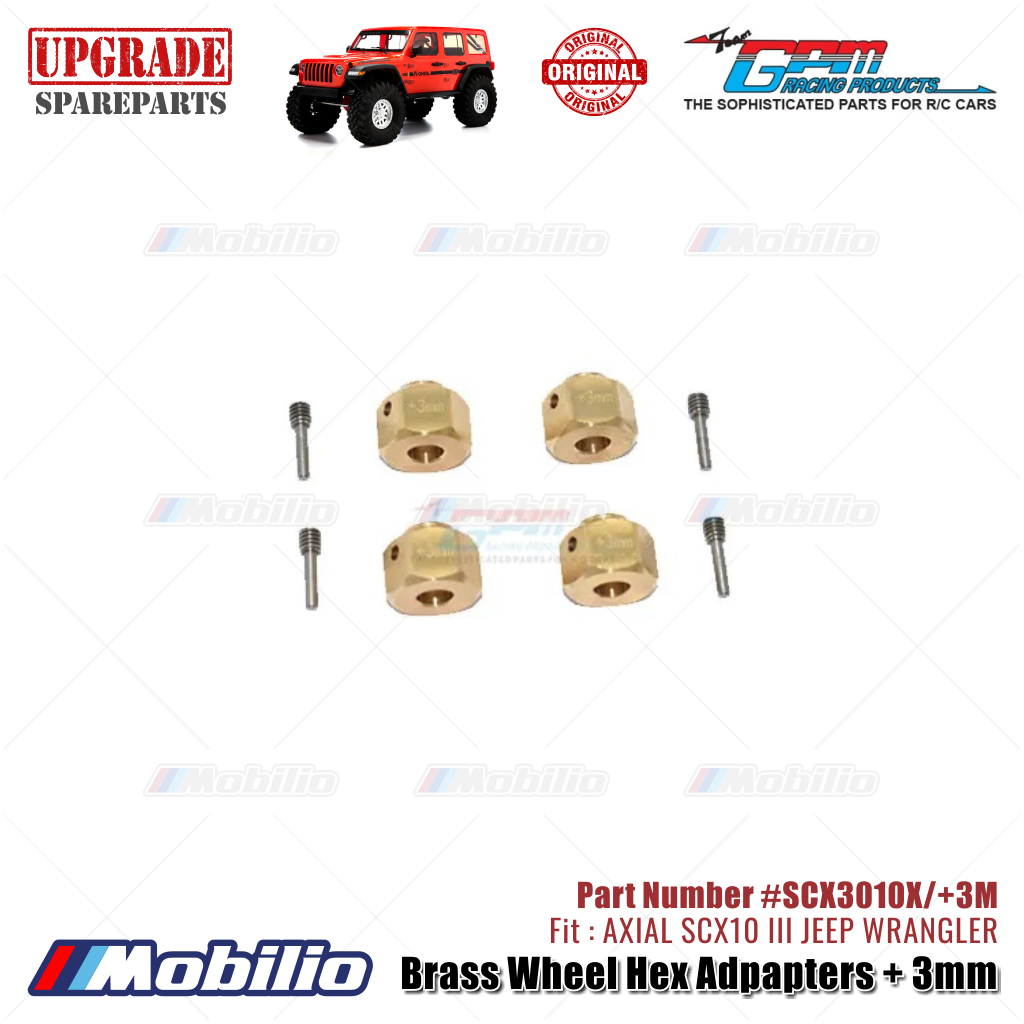 GPM Part #SCX3010X/+3M Brass Wheel Hex Adpapters + 3mm Upgrade Axial SCX10 III Jeep Wrangler AXI232018 Replacement