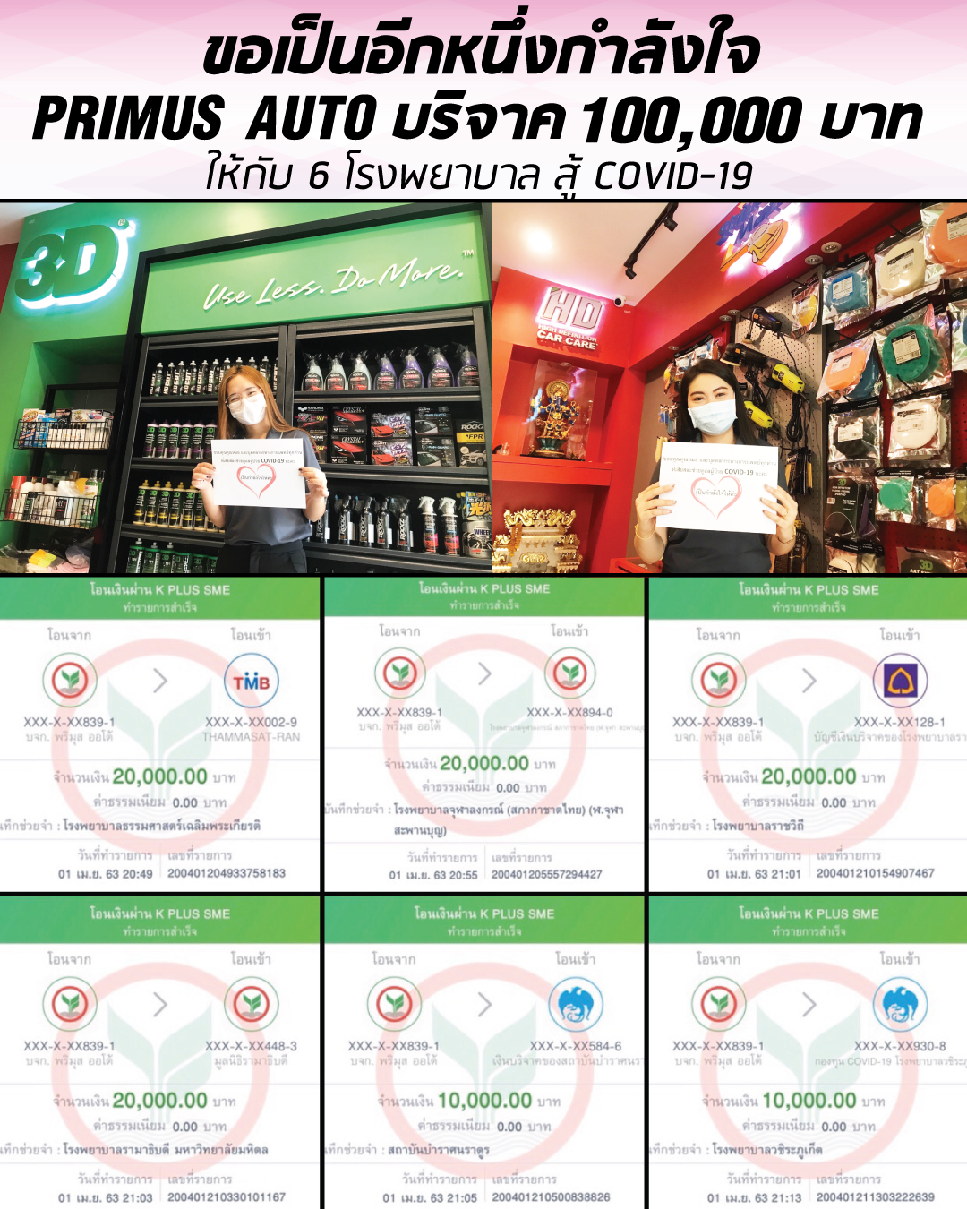 ทาง บริษัท พริมุส ออโต้ จำกัด และ Shine Mate ประเทศไทย ร่วมบริจาคเงิน 100,000 บาท ช่วย 6 โรงพยาบาล PRIMUS AUTO donates funds for medical suppies to 6 hospitals