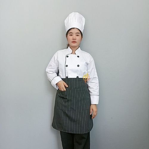 ผ้ากันเปื้อนครึ่งตัวสั้น สีดำลายริ้วขาว