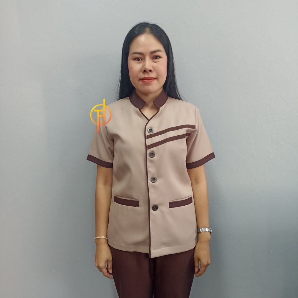 เสื้อแม่บ้าน คอจีน สีน้ำตาล แต่งน้ำตาล