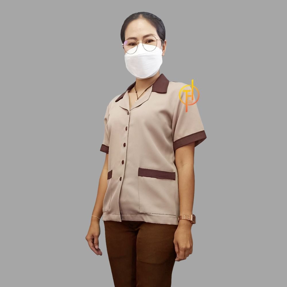 เสื้อแม่บ้าน คอฮาวาย สีน้ำตาลอ่อน ปกสีน้ำตาลเข้ม