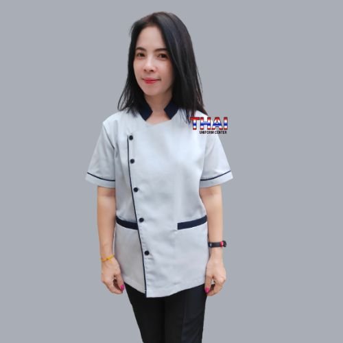 เสื้อแม่บ้าน คอจีนป้าย สีเทาแต่งกรม