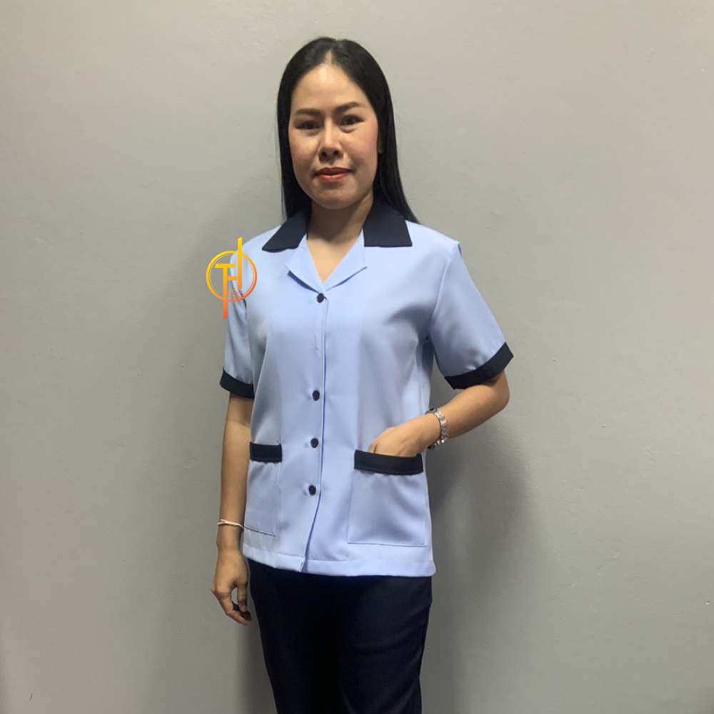 เสื้อแม่บ้าน คอฮาวาย สีฟ้าอ่อน ปกสีกรม