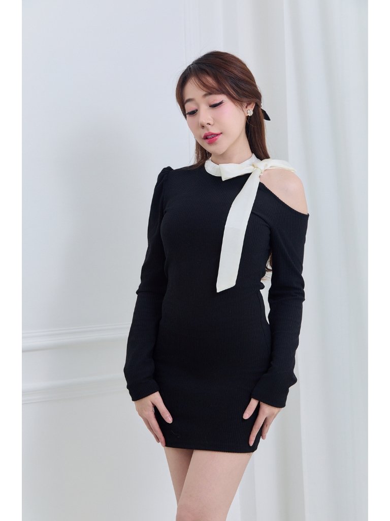 Irene Black Dress, one-shoulder dress, bow tie detail, sweet girl style